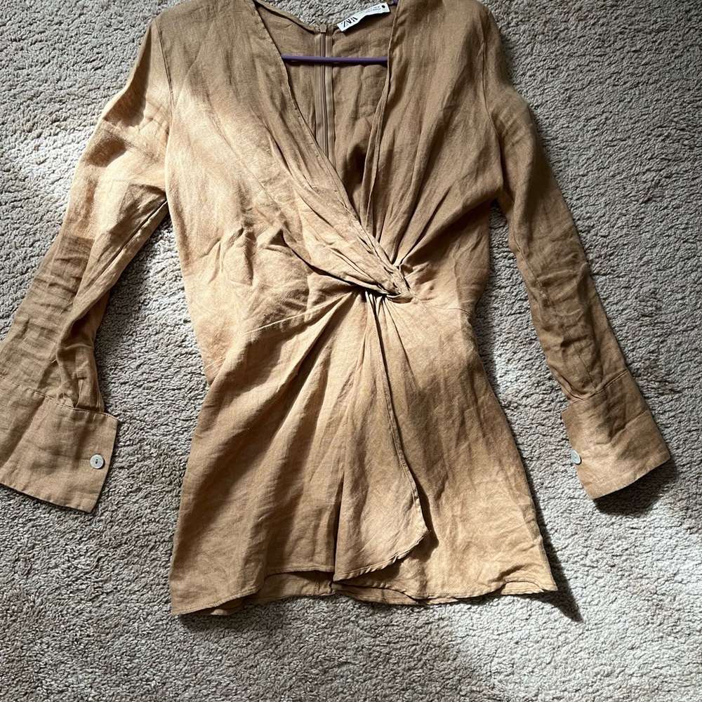 Zara Tan Bell Sleeve Wrap Blouse